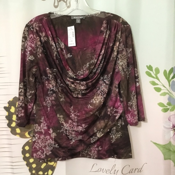 Roz & Ali Women’s Mauve Floral Scoop Neck 3/4 Sleeve Blouse~Size Petite Medium - Picture 1 of 9